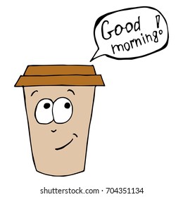 Cartoon coffee vector illustration . Happy cup of coffee. coffee to go with smiley face. Good morning.