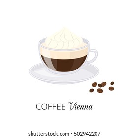 Cartoon coffee vienna with whipped cream in glass cup isolated on white background.