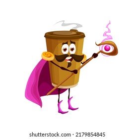 Cartoon Coffee Wizard Character. Espresso Or Cappuccino Paper Cup Funny Sorcerer Personage Or Fast Food Takeaway Hot Drink Mage Or Wizard Happy Smiling Character With Magic Scepter Or Staff