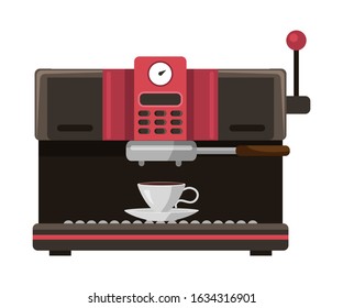 Cartoon coffee-making machine isolated on white. Coffee maker. Equipment and appliances for hot aroma drink preparation. Commercial kitchen, restaurant, cafeteria. Vector flat illustration