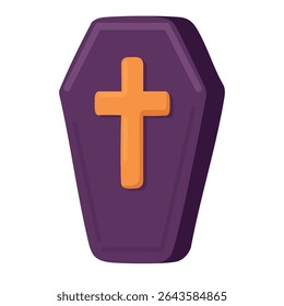 Cartoon coffin with cross in flat spooky style. Halloween vector illustration on white background.