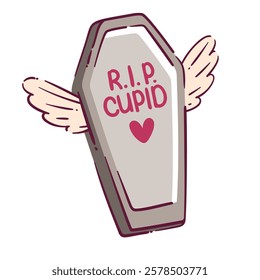 Cartoon coffin with wings and Anti Valentine's day inscription. Alternative Valentine day icon. Hand drawn non romantic symbol.