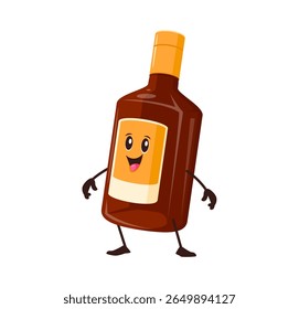 Cartoon cognac or whiskey drink cute character. Alcohol beverage funny hippie vintage vector character, party booze bottle cheerful groovy 60s personage. Bar whiskey drink cute mascot or character