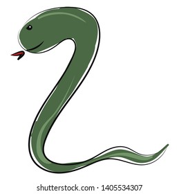 Cartoon coiled black snake with a forked tongue with tongue stuck out, and body is coiled up as if to strike, vector, color drawing or illustration. 