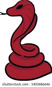 Cartoon coiled red snake with a forked tongue with tongue stuck out, and body is coiled up as if to strike, vector, color drawing or illustration.