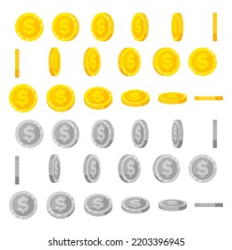 Cartoon Coin Animation Sprites. Gold And Silver Coins Flip And Rotate. Round Dollar For Animated Game. Money Icon In Angle View Vector Set. Illustration Silver And Gold Coin, Flip And Rotate.