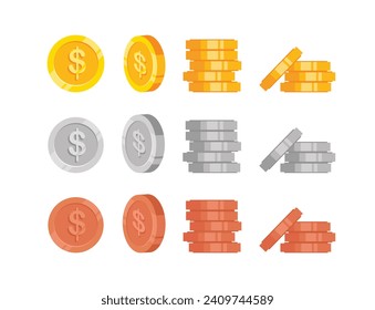 Cartoon coin animation sprites. Gold, silver, and bronze coins flip and rotate. Round dollar for animated game. Illustration silver, gold and bronze coins, flip, rotate, and pile of money.