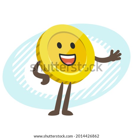 Cartoon Coin Character explaining and pointing somewhere with his hand. Vector Illustration.