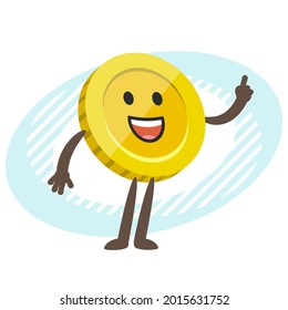 Cartoon Coin Character explaining and showing the index finger. Vector Illustration.