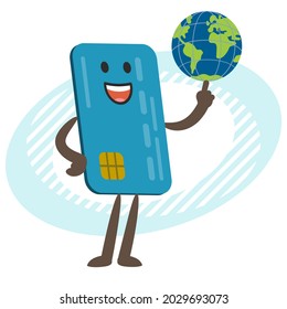 Cartoon Coin Character holding a planet on his index finger. Vector Illustration.