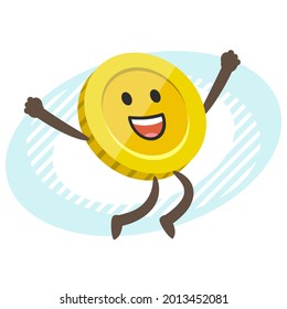 Cartoon Coin Character joyfully jumping. Vector Illustration.