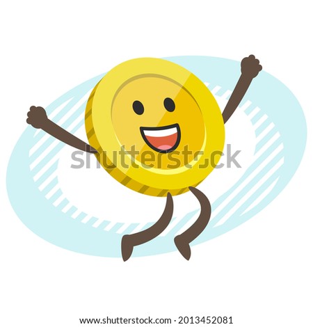 Cartoon Coin Character joyfully jumping. Vector Illustration.