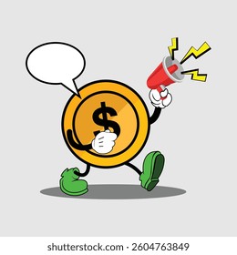 A cartoon coin character running and shouting through a megaphone.