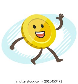 Cartoon Coin Character walking and waving his hand. Vector Illustration.