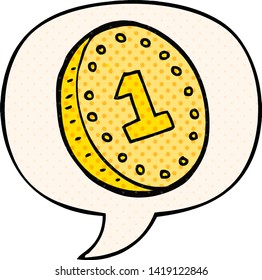 cartoon coin with speech bubble in comic book style