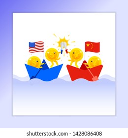 Cartoon Coins Money Character holds Swords and Shields battle on Ships of US dollar currency and Chinese yuan currency symbols fight Trade war and Financial war, Economy conflict between China and USA