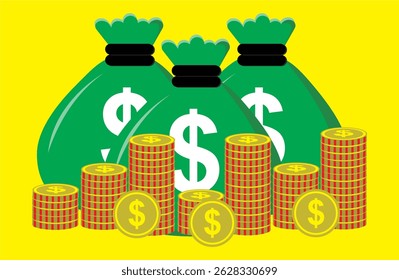 Cartoon coins. Packs, bundles, stacks and piles of dollar coins on yellow background. Falling gold coins. Bank cash set. Dollar coin stack illustration.
