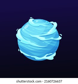 Cartoon cold space planet with ice and snow. Vector frozen alien world with blue atmosphere. Galaxy globe, isolated sphere in universe. Ui game comet, meteor, astronomy science object in outer space