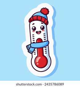 Etiqueta engomada del termómetro frío de la historieta, icono de la medición de la temperatura, grado de fahrenheit y celsius, carácter lindo con sombrero y bufanda. Aislado sobre fondo azul. Ilustración de vector