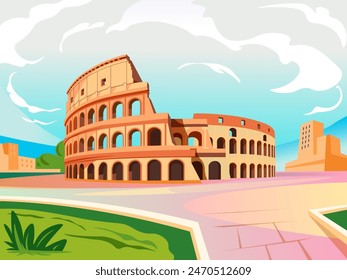 Cartoon coliseum. Roman colosseum, rome stone italy architecture history italian landmark europe history, ancient amphitheater roma arena for gladiator, recent vector illustration of cartoon italian