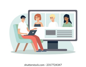 Colegas de caricaturas comunicándose en línea en una laptop. Videollamadas en los negocios. Trabajo remoto y autónomos. Encuentro virtual colectivo con compañeros de trabajo. Trabajo en equipo durante la cuarentena. Vector