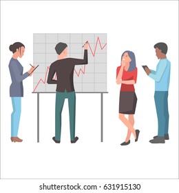 Cartoon colleagues plan their startup, draw chart and make notes isolated on white background. Team consists of modern people, two men and two women. Vector illustration of planning project process.