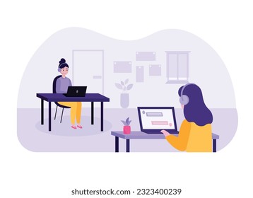 Cartoon colleagues work as operators sitting at computers. Call center service representatives. Process of hotline operators helping clients. Vector illustration