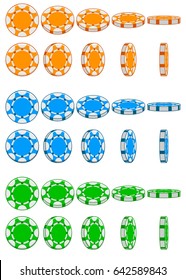 Cartoon collection of 3D colored casino chips, vector animation game rotation, set 2