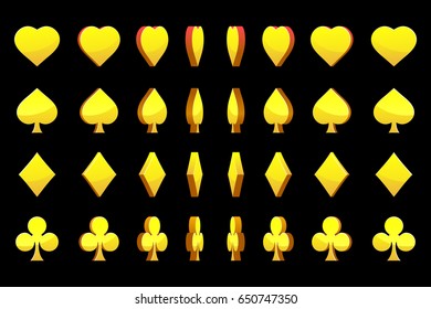 Cartoon collection of 3D Golden symbols poker cards, vector animation game rotation