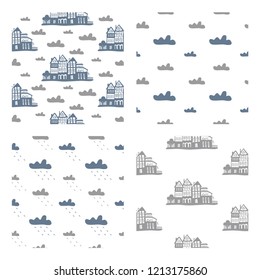 Cartoon collection of 4 patterns with houses and clouds