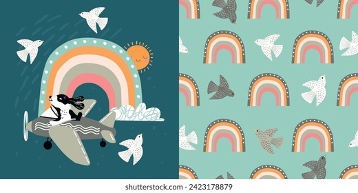 Cartoon collection with airplane pilot dog print and seamless pattern with birds and rainbow.Backgrounds with cute animal characters,sun and cloud.Vector card for printing on fabric and paper.