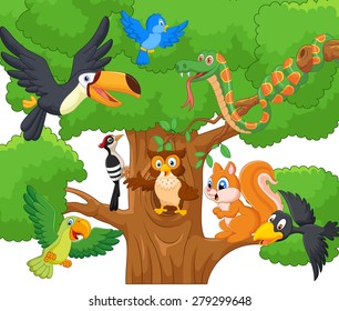 Cartoon collection animal on the trees.vector illustration