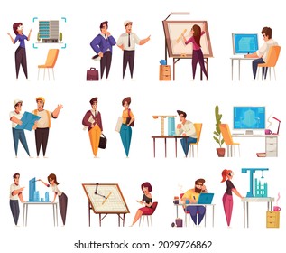 Cartoon collection of architects designing projects at drawing desk and on computer screen isolated vector illustration