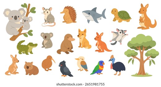Coleção de desenhos animados de animais australianos, incluindo canguru, coala, crocodilo e pássaros coloridos, animais ilustrados em estilo de vetor plano, animais australianos perfeitos para projetos educacionais.