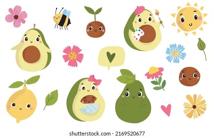 Cartoon collection of avocado characters with elements - flowers, hearts, bee, sun, leaves. Avocado seed, artist, avocado couple, pregnant avocado illustration.