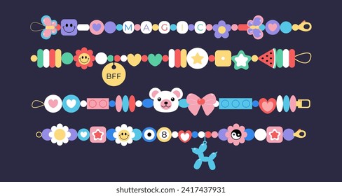 Cartoon collection of the beautiful plastic beads bracelets in retro style. Old school symbols, y2k objects for friendship accessories with bear, balloon, butterfly, flower, star, bff, magic. Vector