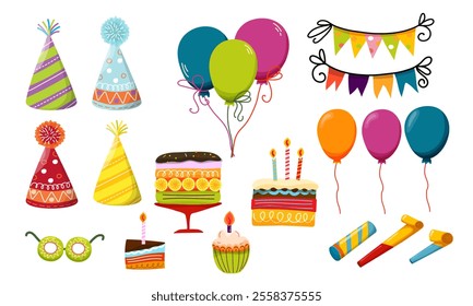 Cartoon collection of birthday-themed elements. Balloons, party hats, cakes, banners, and noise makers. Perfect for designing birthday cards, icons, invitations, posters, or party decorations