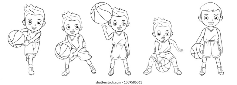 Cartoon collection of boys playing basketball for coloring books