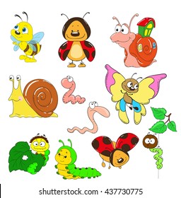 Cartoon collection of characters. Insects vector. Snail, caterpillar, worm, beetle, ladybug, bee.