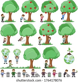 cartoon collection of characters and plant and grow and trees and apple tree