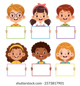 Cartoon collection of cheerful children holding blank signs. The diverse group of kids are smiling and happy. Vector illustration