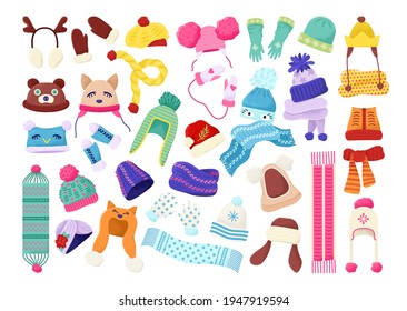 Cartoon collection children winter hats, vector illustration. Beautiful cartoon baby clothes, set. Stylish knitted accessories for children.