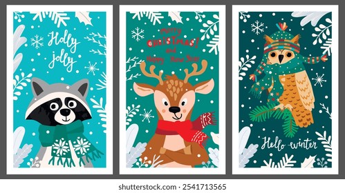 Cartoon collection of Christmas cards with cute animal characters and handwritten.Racoon, deer and owl in warm scarves, decorated with twig.Colorful print on fabric and paper.Vector flat  illustration