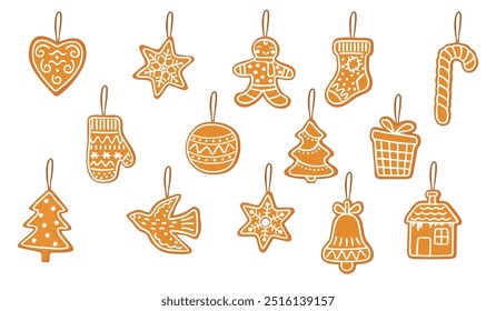 Colección de dibujos animados de Navidades galletas de jengibre aisladas sobre fondo blanco. Postre festivo para decorar. Conjunto de pasteles tradicionales esmaltados. Diseño de Vector para usar en tarjeta, Anuncio, pegatinas, invitación