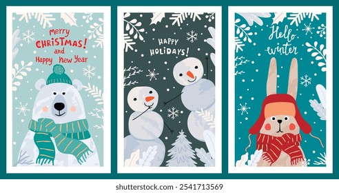 Cartoon collection of Christmas greeting cards.Polar bear and hare in scarves and hats, snowmen and hand written.Cute characters decorated with twigs,snowflakes,snowfall.Vector flat color illustration