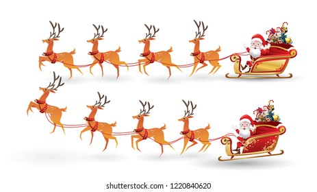 Cartoon collection of Christmas Santa Claus rides reindeer sleigh on Christmas with different pose emotion. Vector set illustration isolated on white background