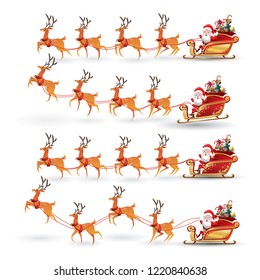 Cartoon collection of Christmas Santa Claus rides reindeer sleigh on Christmas with different pose emotion. Vector set illustration isolated on white background