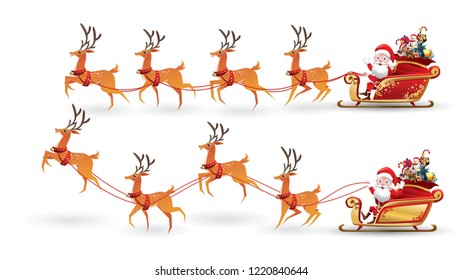 Cartoon collection of Christmas Santa Claus rides reindeer sleigh on Christmas with different pose emotion. Vector set illustration isolated on white background