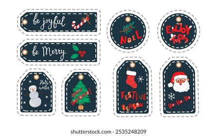 Cartoon collection of Christmas tags.Colorful labels with holiday symbols.Snowman, Santa, stick, holly, twig with berries,sock,fir tree,snowflakes,hand written.Flat color vector designs set on white.