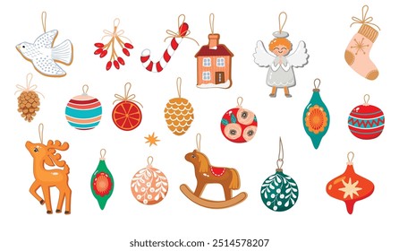 Colección de dibujos animados de decoraciones de árboles de Navidad aisladas sobre fondo blanco. Bolas pintadas, caballo de juguete, paloma, ciervo, naranja seca, cono de pino, bayas, casa y ángel. Diseño de Vector para tarjeta, pegatinas.